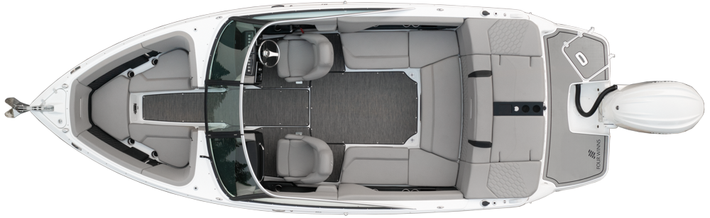 Overhead view of Four Winns Horizon layout – bow seating, helm, and Mercury outboard, Northern Michigan’s Lark Marine